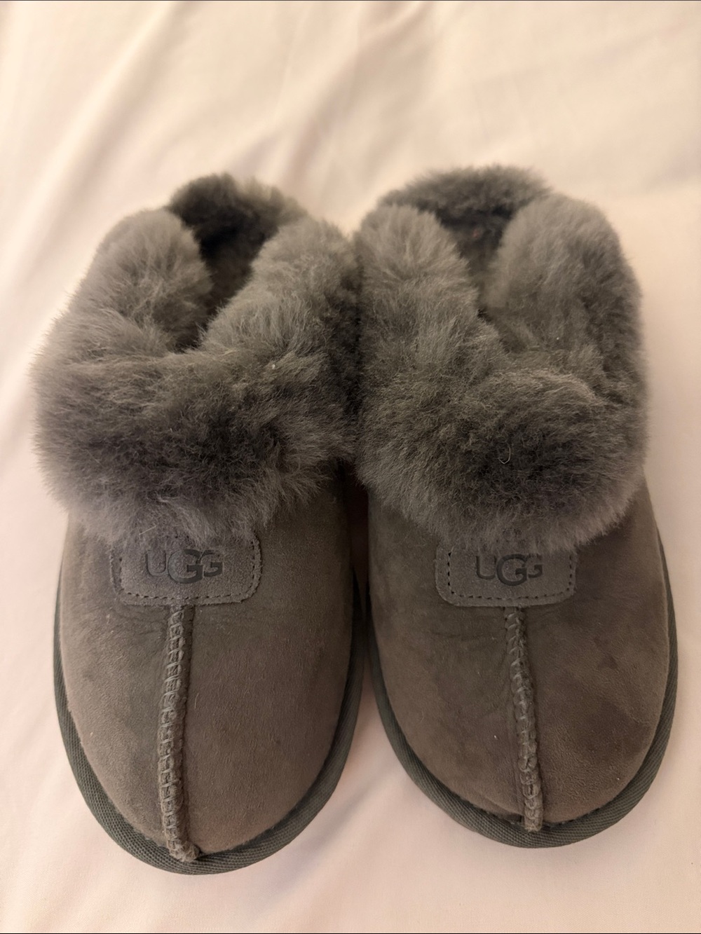 UGG Gray Fur-Lined Suede Clog Slippers with lug sole. New